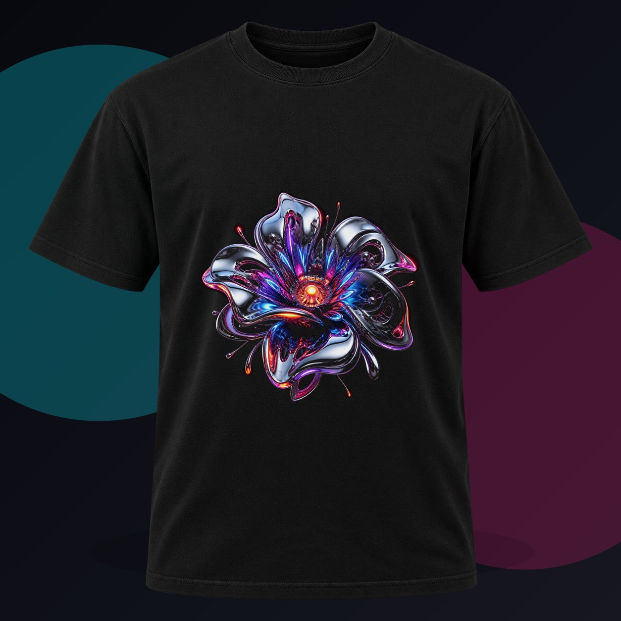 Chrome Bloom Organism original KOSVYRE design on a black graphic tee against a graphite studio background