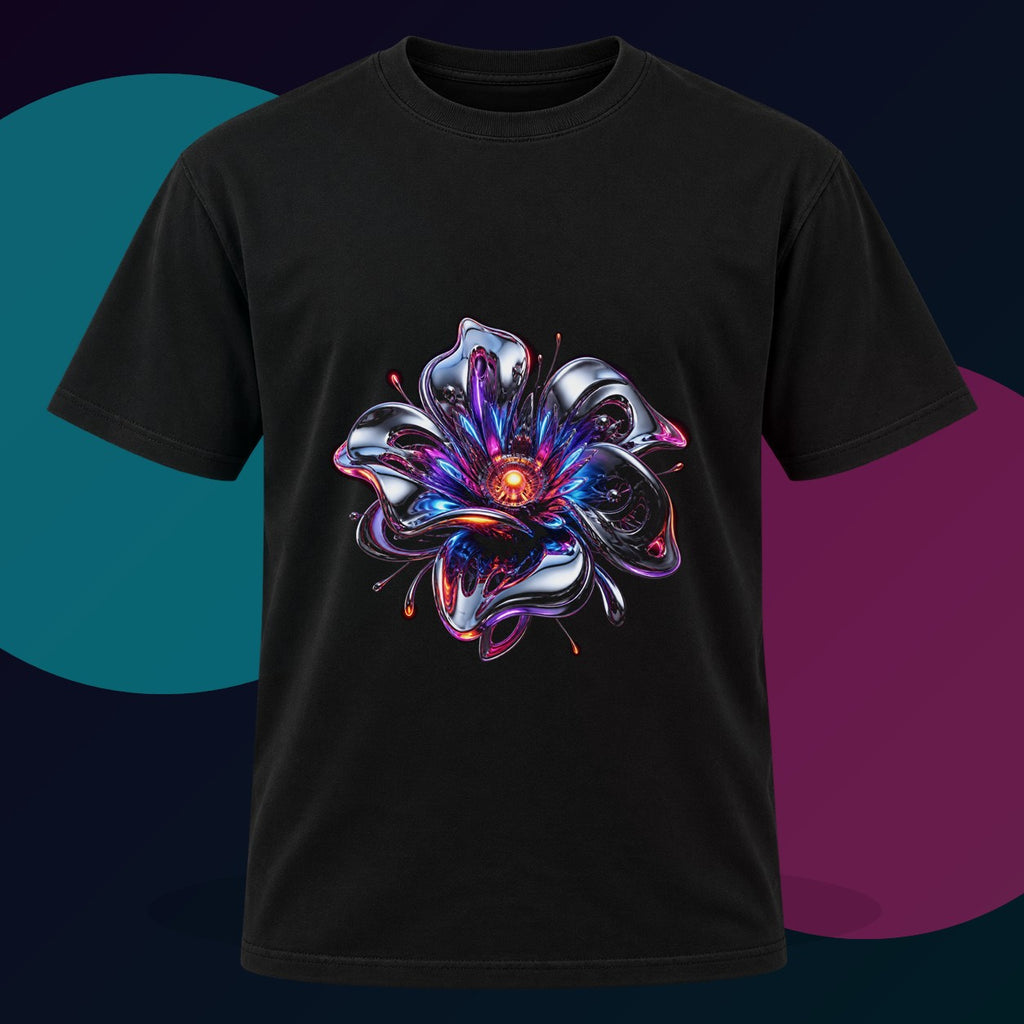 Chrome Bloom Organism original KOSVYRE design on a black graphic tee with cyan and violet studio lighting