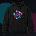 Chrome Bloom Organism original KOSVYRE design on a black hoodie against a graphite studio background