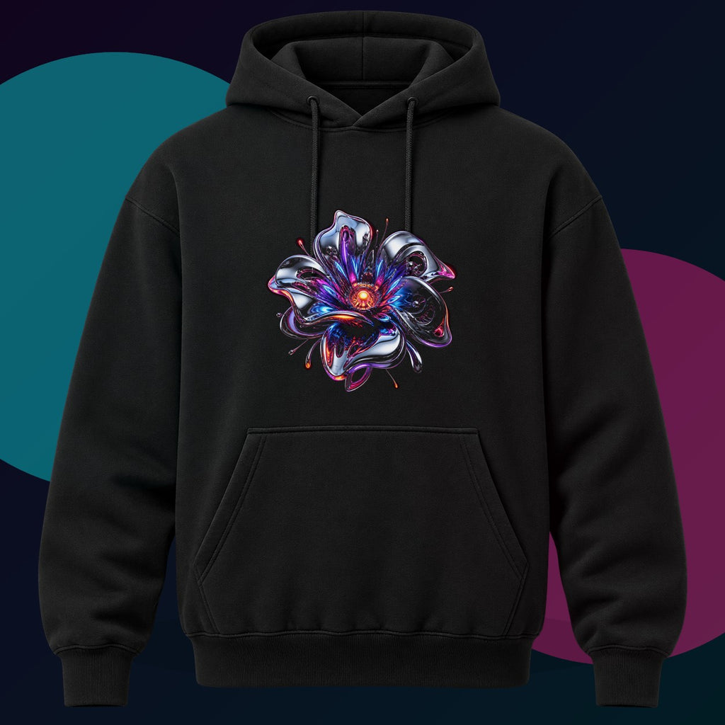 Chrome Bloom Organism original KOSVYRE design on a black hoodie with cyan and violet studio lighting
