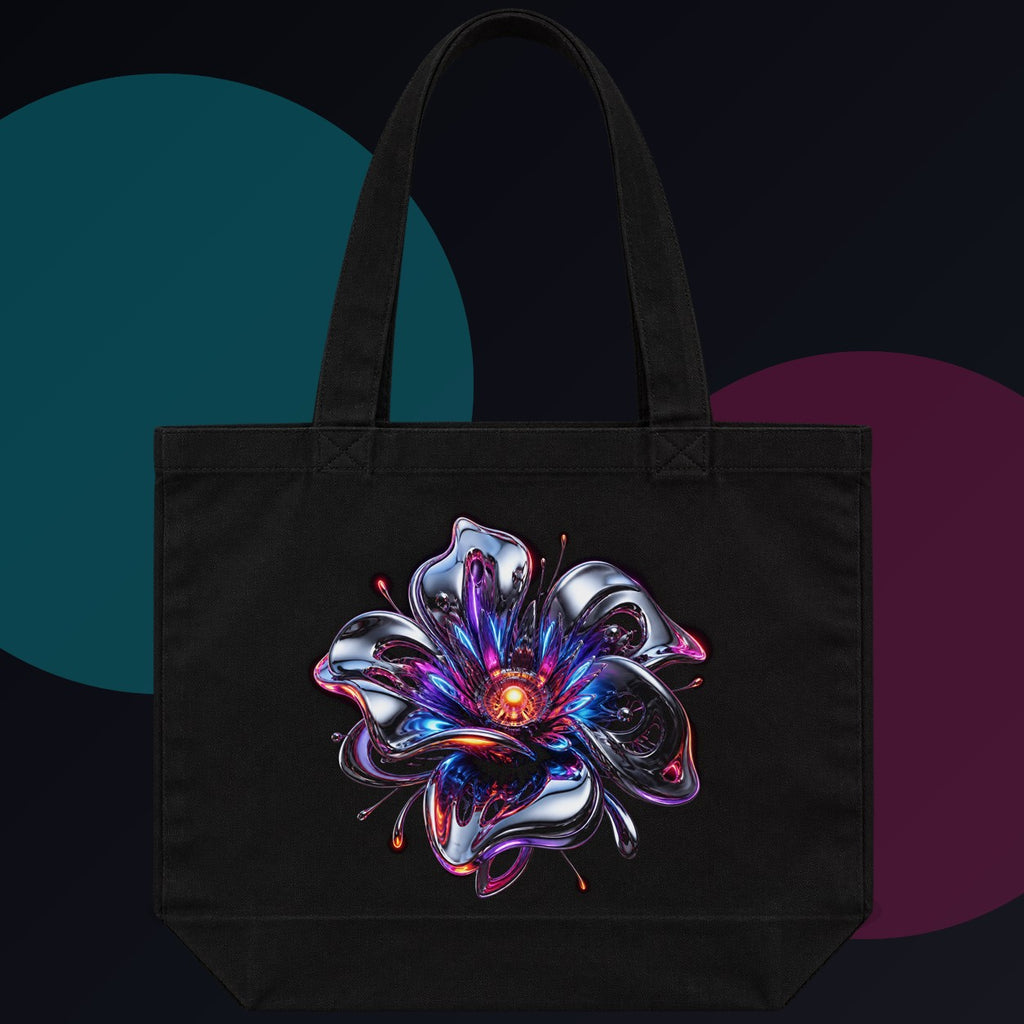Chrome Bloom Organism original KOSVYRE design on a black tote bag against a graphite studio background