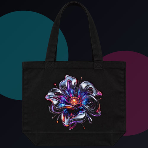 Chrome Bloom Organism original KOSVYRE design on a black tote bag against a graphite studio background