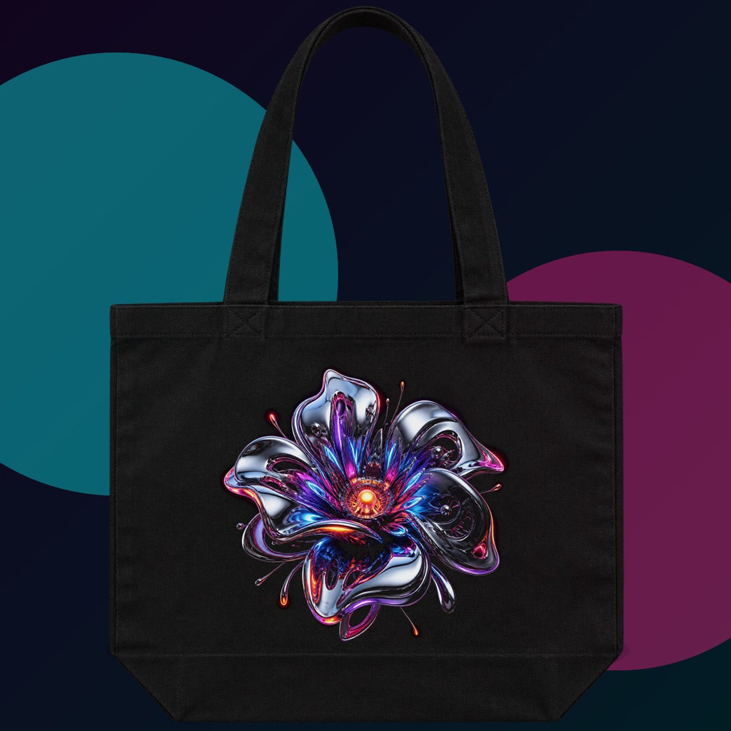 Chrome Bloom Organism original KOSVYRE design on a black tote bag with cyan and violet studio lighting