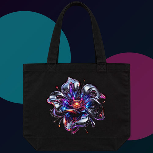 Chrome Bloom Organism original KOSVYRE design on a black tote bag with cyan and violet studio lighting