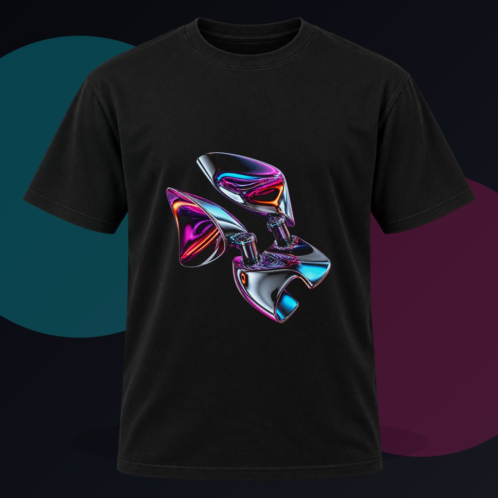 Chrome Hinge Bloom original KOSVYRE design on a black graphic tee against a graphite studio background