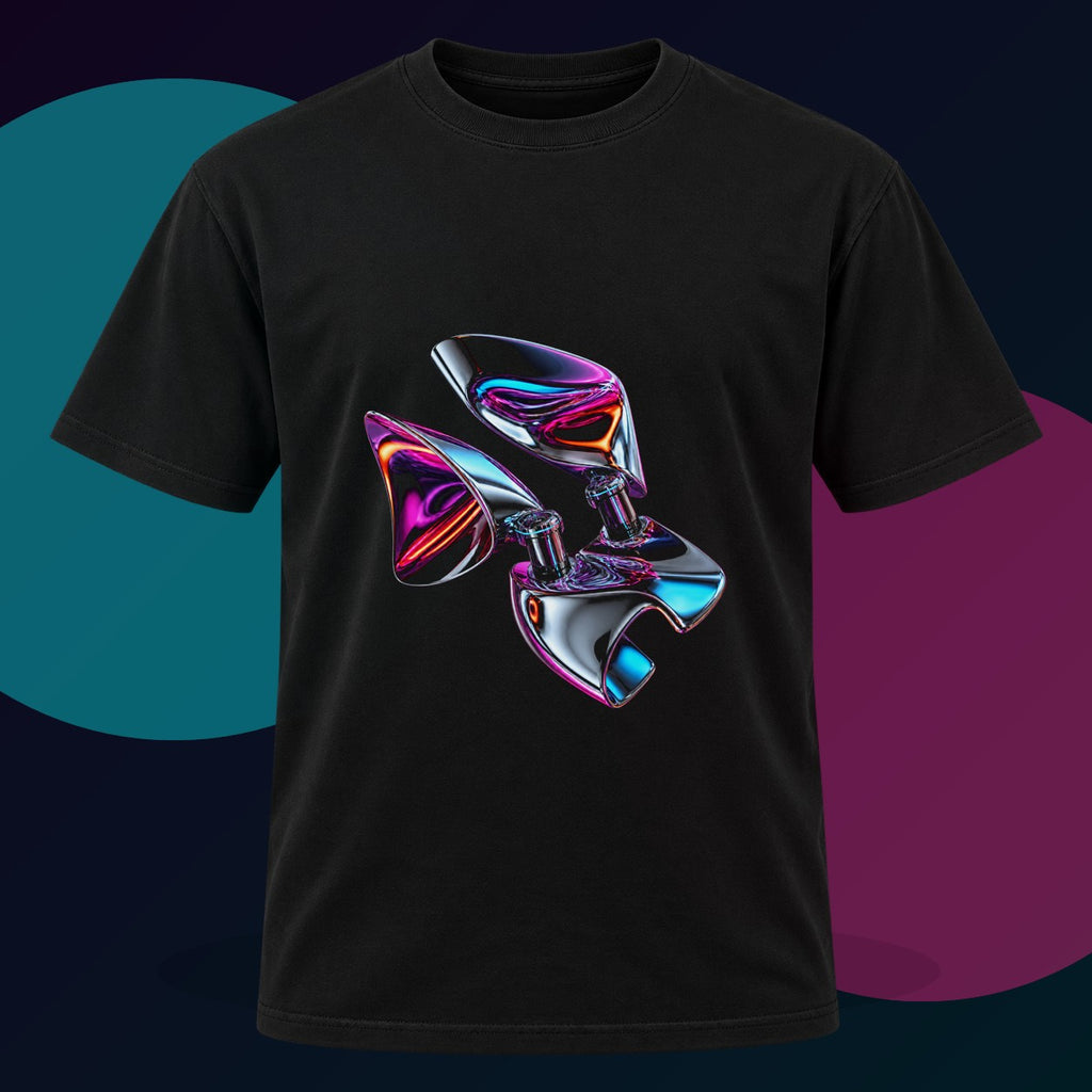 Chrome Hinge Bloom original KOSVYRE design on a black graphic tee with cyan and violet studio lighting