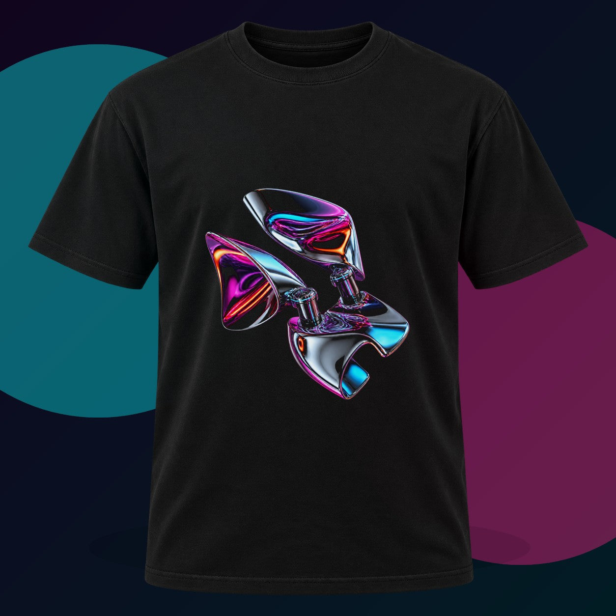 Chrome Hinge Bloom original KOSVYRE design on a black graphic tee with cyan and violet studio lighting