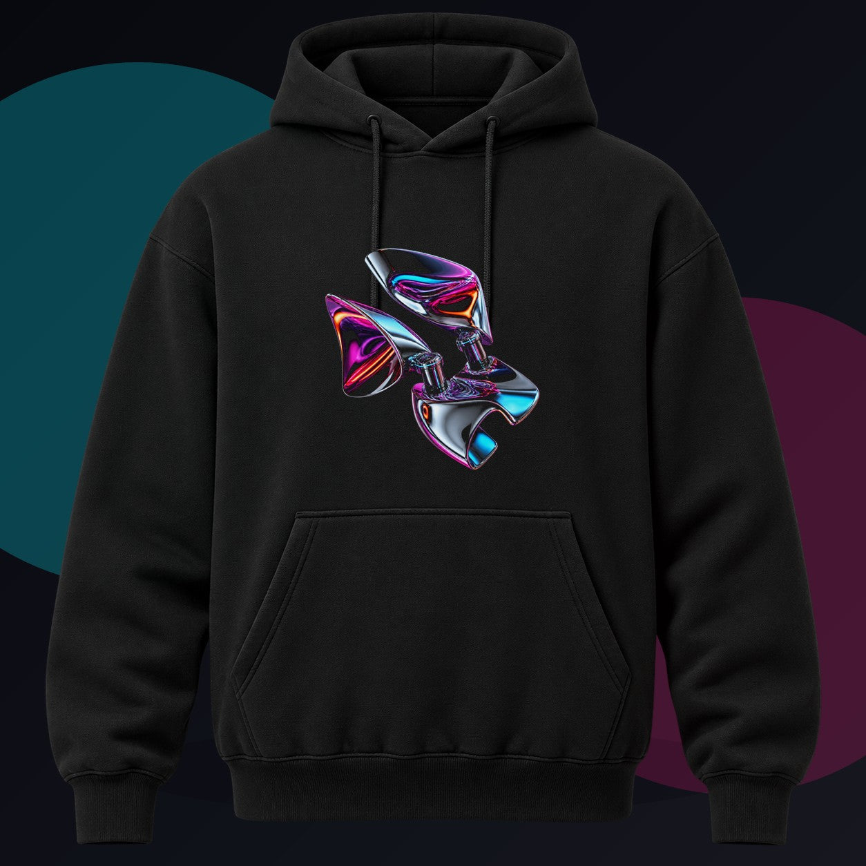 Chrome Hinge Bloom original KOSVYRE design on a black hoodie against a graphite studio background