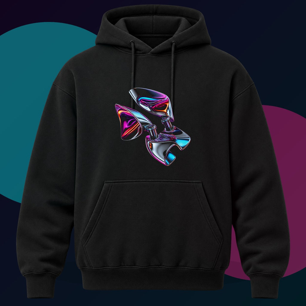 Chrome Hinge Bloom original KOSVYRE design on a black hoodie with cyan and violet studio lighting