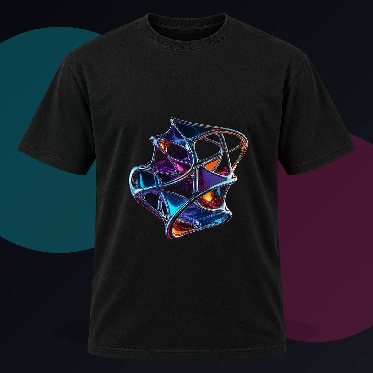 Chrome Lattice Vessel original KOSVYRE design on a black graphic tee against a graphite studio background