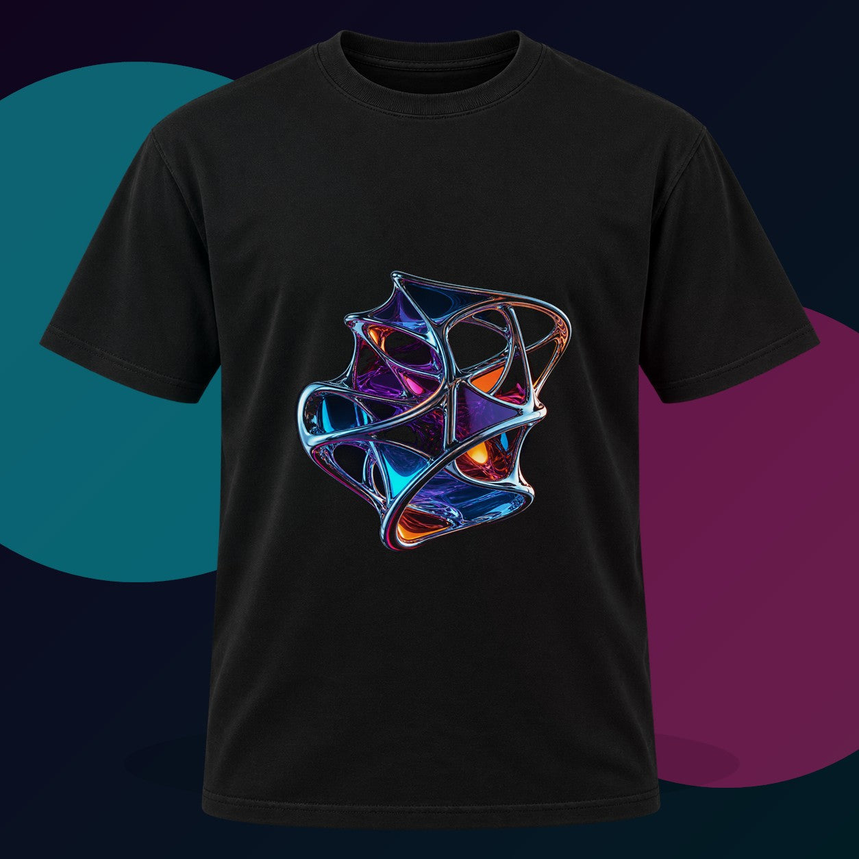 Chrome Lattice Vessel original KOSVYRE design on a black graphic tee with cyan and violet studio lighting