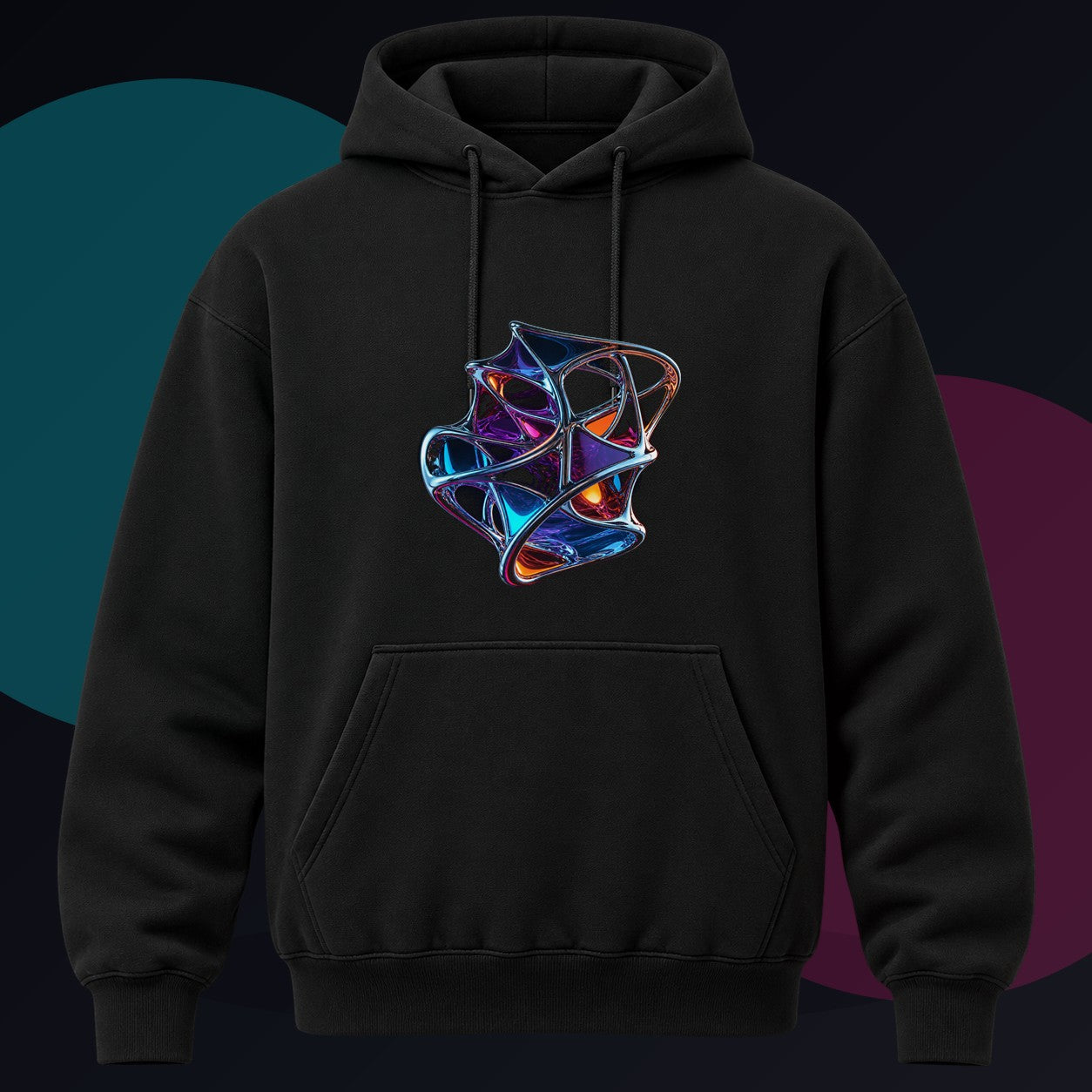 Chrome Lattice Vessel original KOSVYRE design on a black hoodie against a graphite studio background