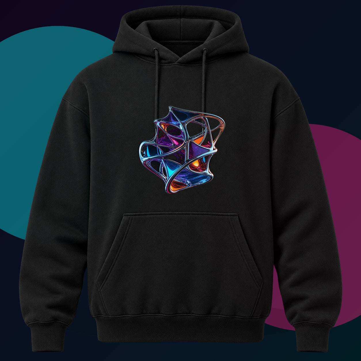Chrome Lattice Vessel original KOSVYRE design on a black hoodie with cyan and violet studio lighting