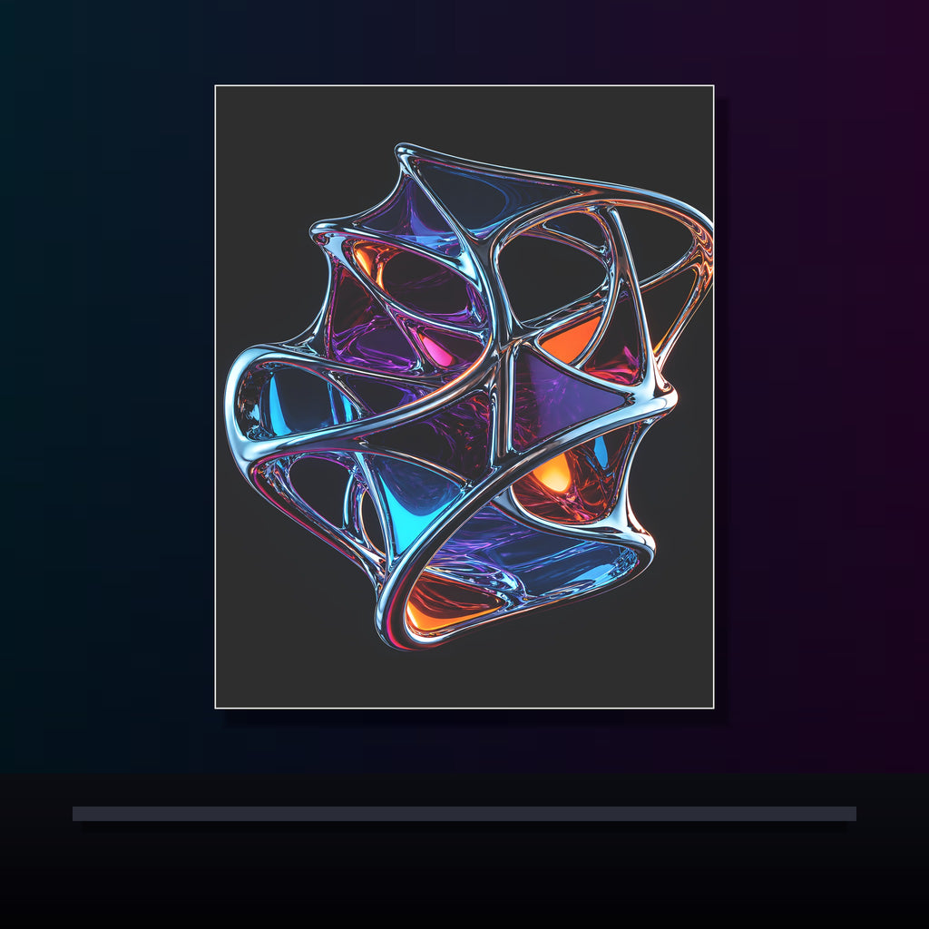 Chrome Lattice Vessel original KOSVYRE poster displayed in a dark psychedelic gallery setting