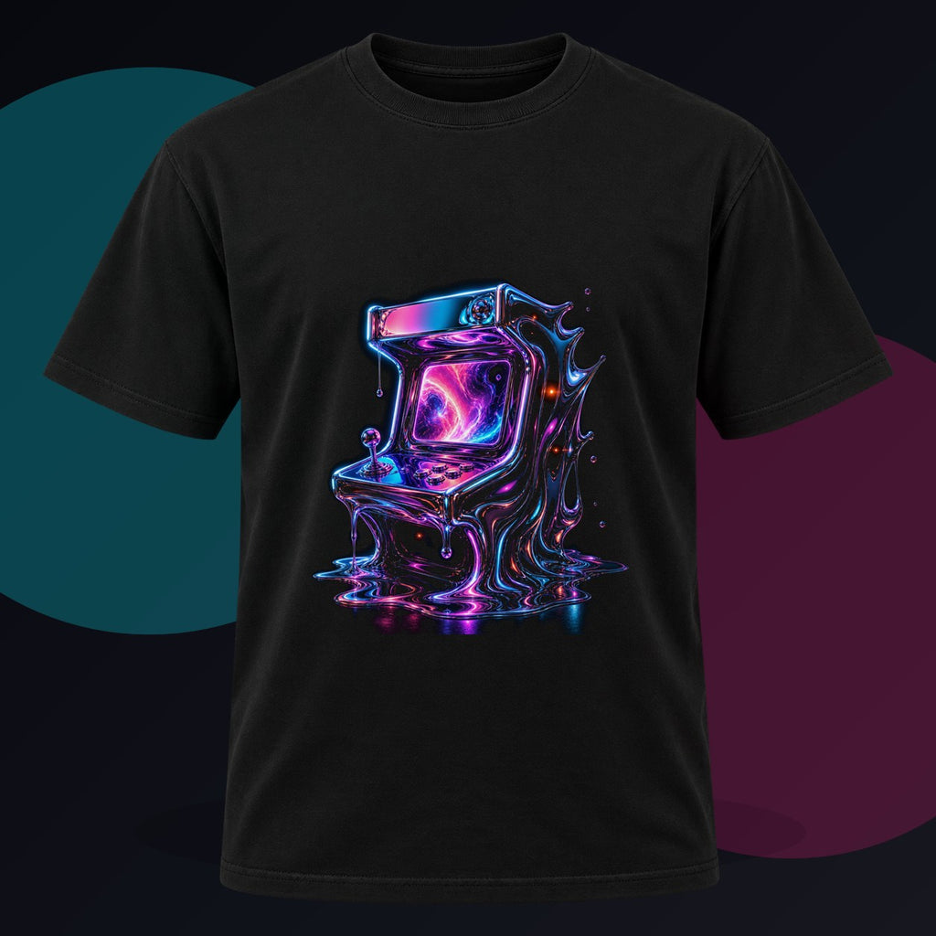 Chrome Memory Arcade original KOSVYRE design on a black graphic tee against a graphite studio background