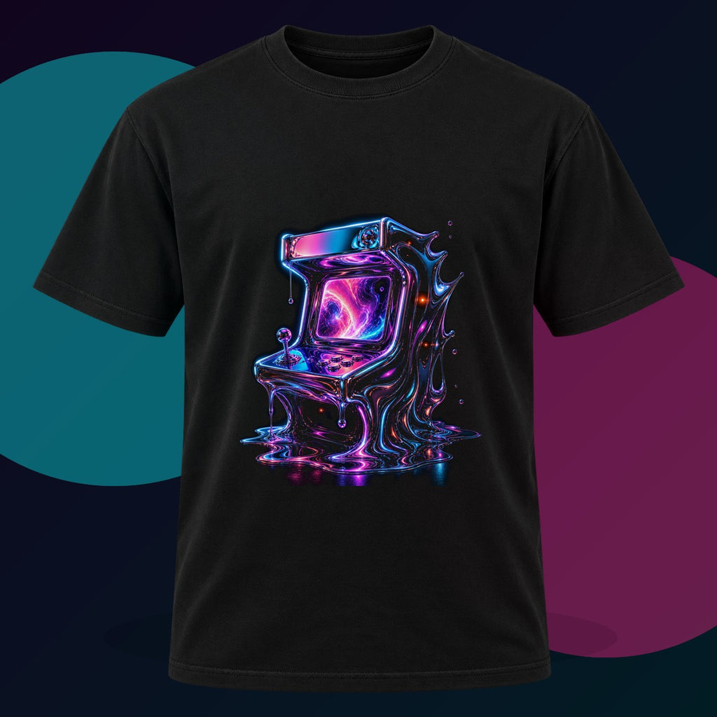 Chrome Memory Arcade original KOSVYRE design on a black graphic tee with cyan and violet studio lighting