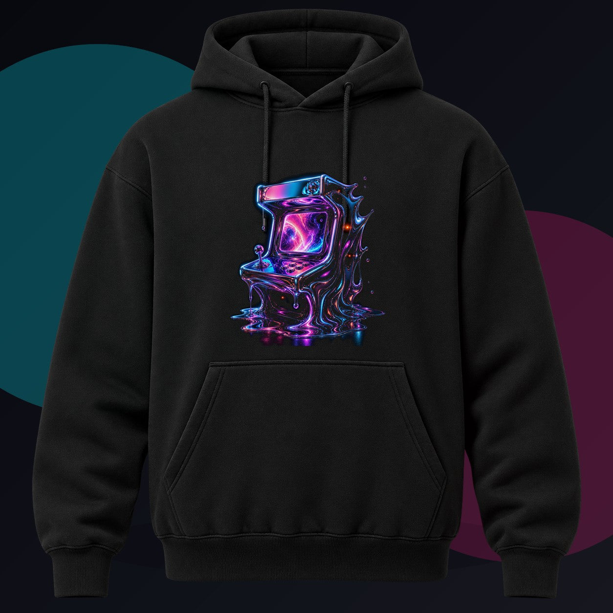 Chrome Memory Arcade original KOSVYRE design on a black hoodie against a graphite studio background