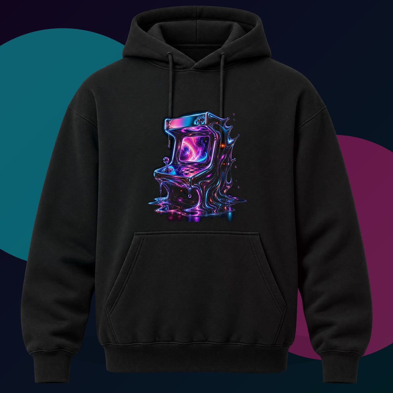 Chrome Memory Arcade original KOSVYRE design on a black hoodie with cyan and violet studio lighting