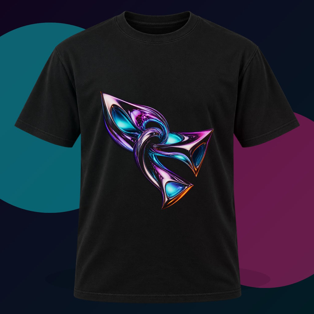 Chrome Meridian Knot original KOSVYRE design on a black graphic tee with cyan and violet studio lighting