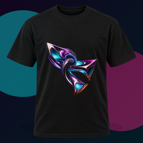 Chrome Meridian Knot original KOSVYRE design on a black graphic tee with cyan and violet studio lighting