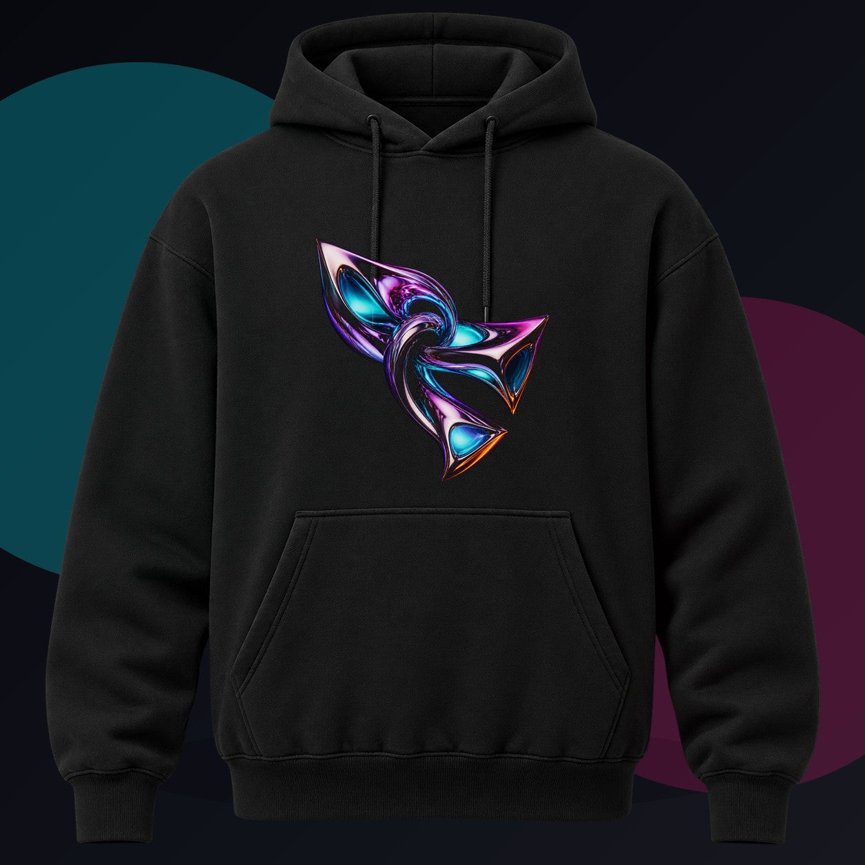 Chrome Meridian Knot original KOSVYRE design on a black hoodie against a graphite studio background