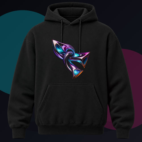 Chrome Meridian Knot original KOSVYRE design on a black hoodie against a graphite studio background