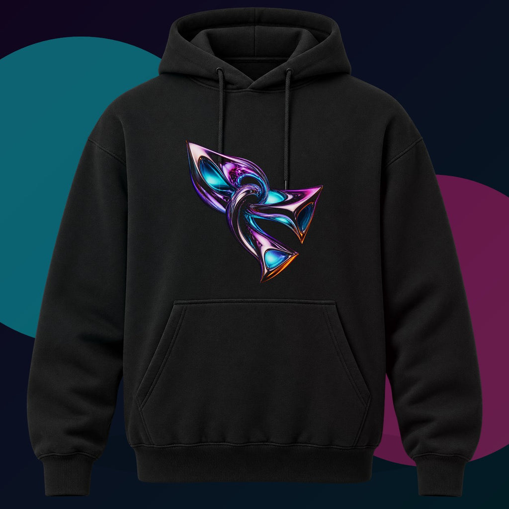 Chrome Meridian Knot original KOSVYRE design on a black hoodie with cyan and violet studio lighting