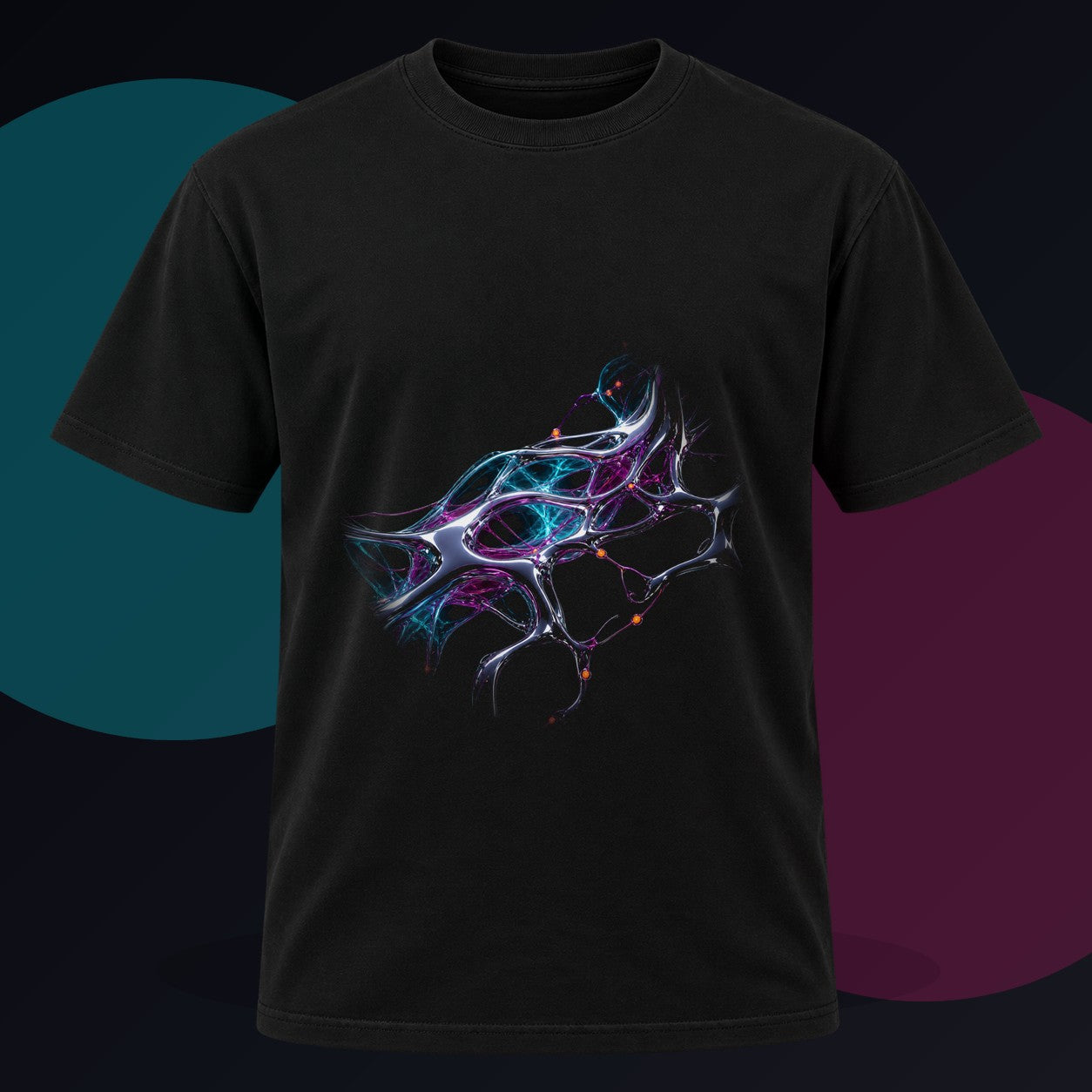 Chrome Root Equation original KOSVYRE design on a black graphic tee against a graphite studio background