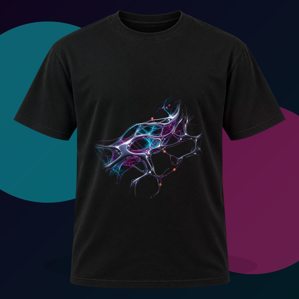 Chrome Root Equation original KOSVYRE design on a black graphic tee with cyan and violet studio lighting
