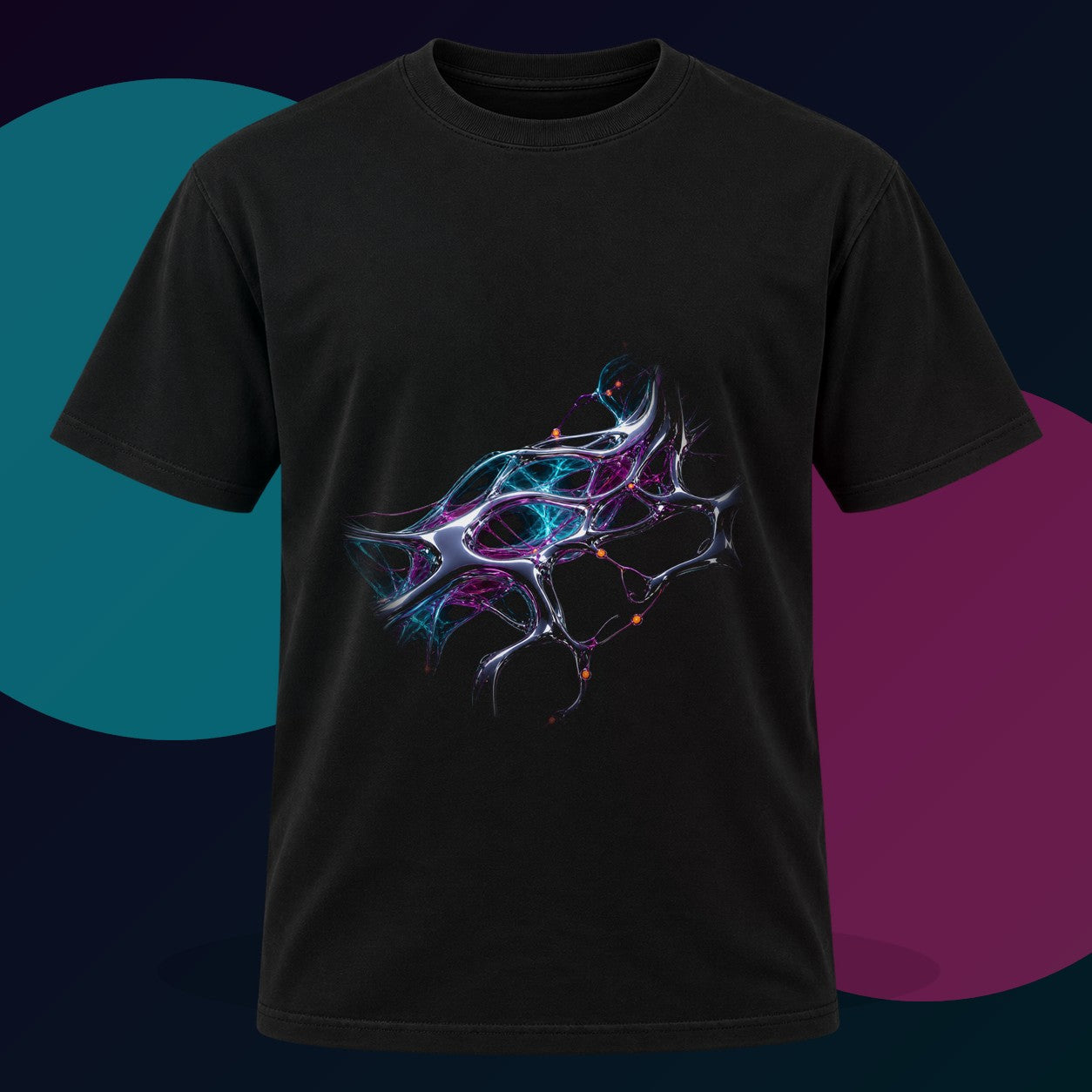 Chrome Root Equation original KOSVYRE design on a black graphic tee with cyan and violet studio lighting