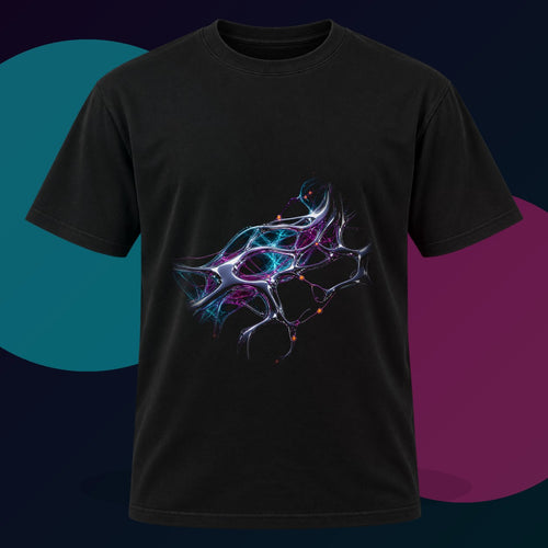 Chrome Root Equation original KOSVYRE design on a black graphic tee with cyan and violet studio lighting