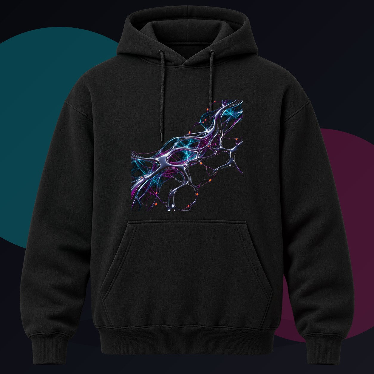 Chrome Root Equation original KOSVYRE design on a black hoodie against a graphite studio background