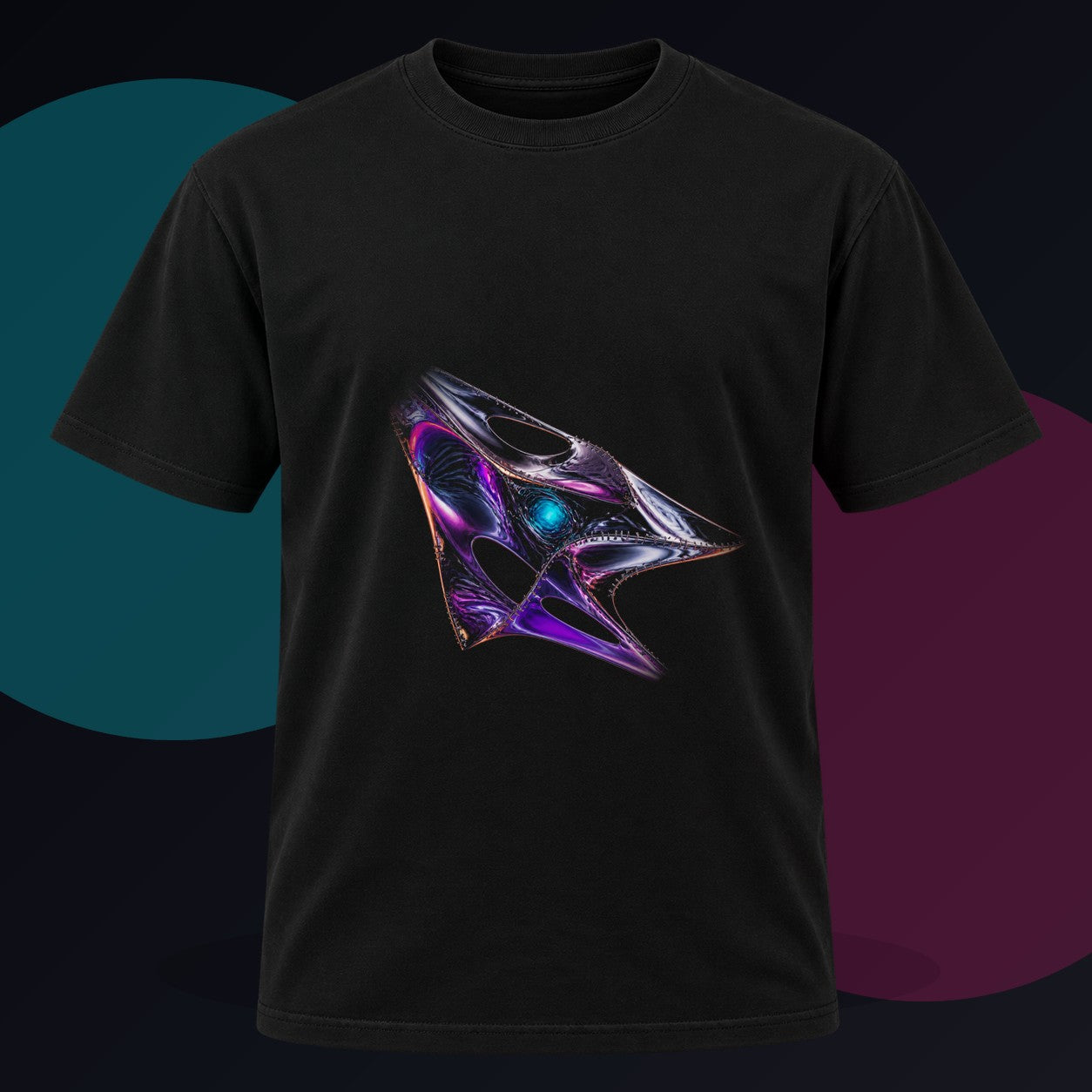Chrome Suture Kite original KOSVYRE design on a black graphic tee against a graphite studio background