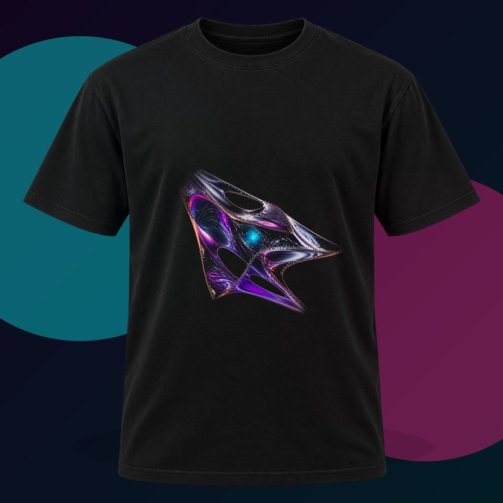 Chrome Suture Kite original KOSVYRE design on a black graphic tee with cyan and violet studio lighting