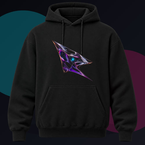 Chrome Suture Kite original KOSVYRE design on a black hoodie against a graphite studio background