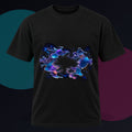 Chrome Tidal Aperture original KOSVYRE design on a black graphic tee against a graphite studio background