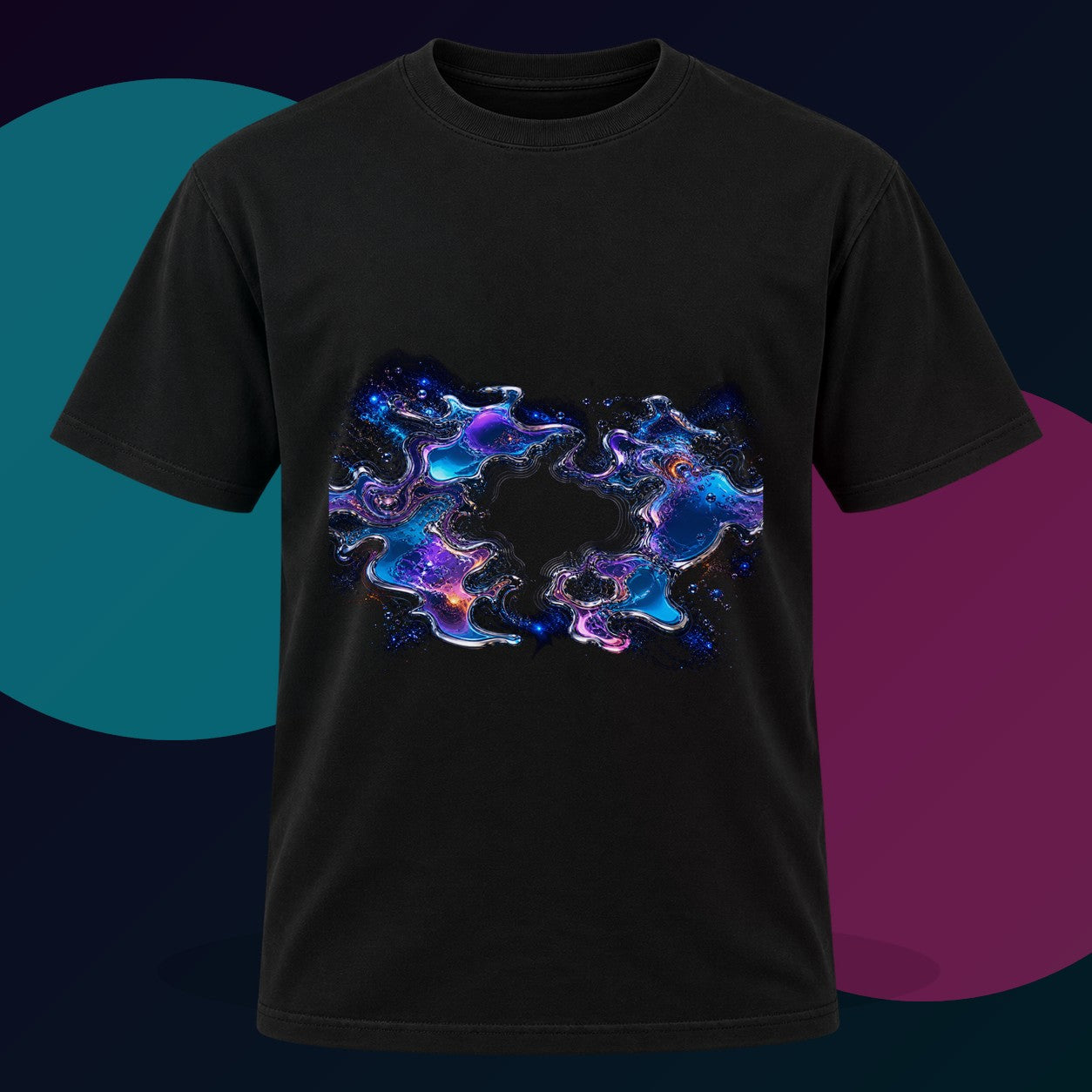 Chrome Tidal Aperture original KOSVYRE design on a black graphic tee with cyan and violet studio lighting