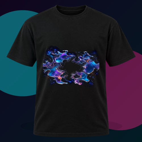 Chrome Tidal Aperture original KOSVYRE design on a black graphic tee with cyan and violet studio lighting