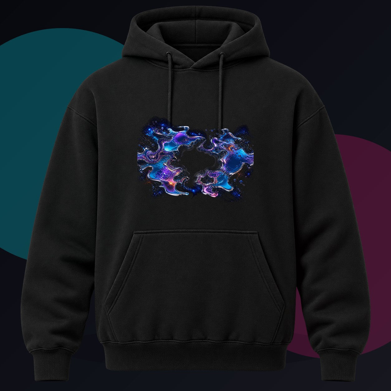 Chrome Tidal Aperture original KOSVYRE design on a black hoodie against a graphite studio background