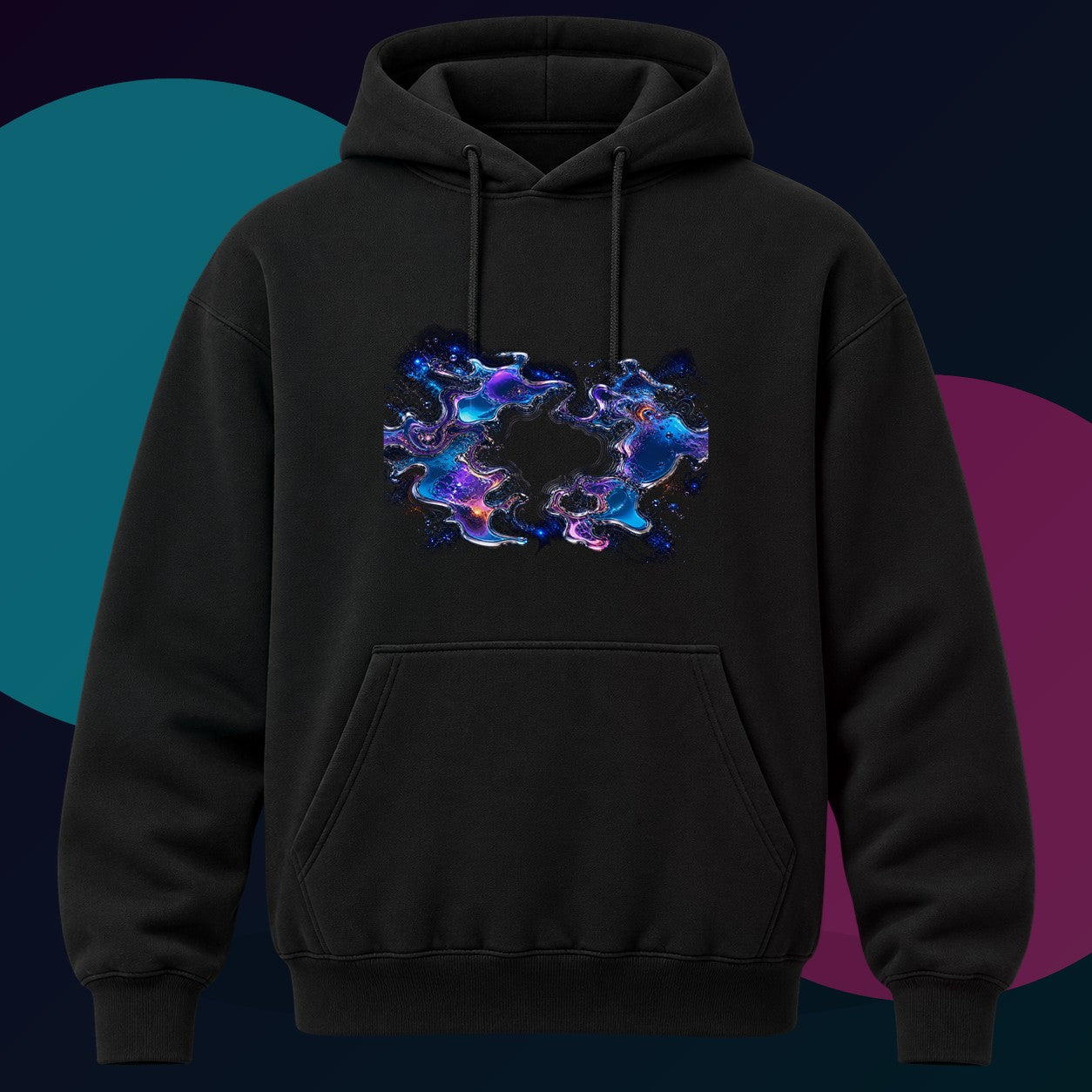 Chrome Tidal Aperture original KOSVYRE design on a black hoodie with cyan and violet studio lighting