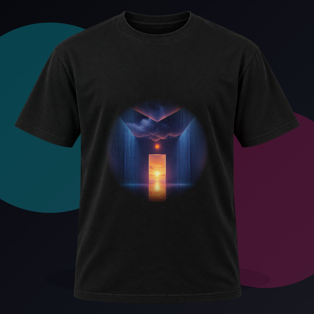 Chrome Tidal Organ original KOSVYRE design on a black graphic tee against a graphite studio background
