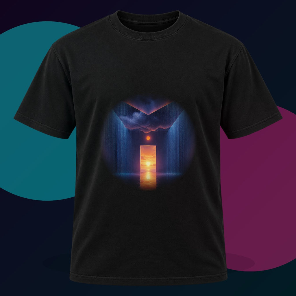 Chrome Tidal Organ original KOSVYRE design on a black graphic tee with cyan and violet studio lighting