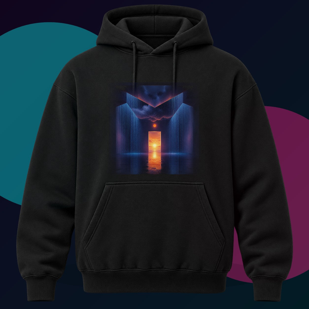 Chrome Tidal Organ original KOSVYRE design on a black hoodie with cyan and violet studio lighting