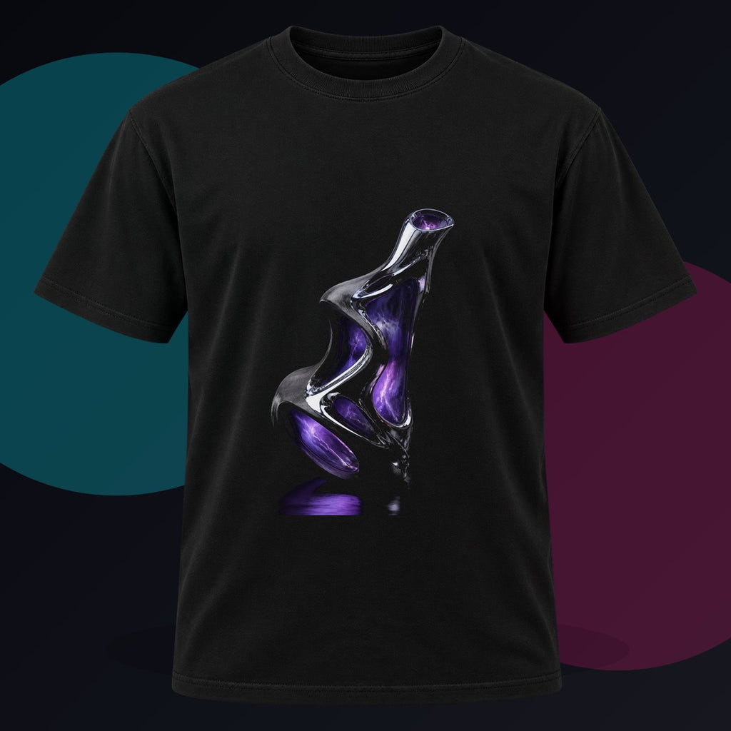 Chrome Vessel Nocturne original KOSVYRE design on a black graphic tee against a graphite studio background