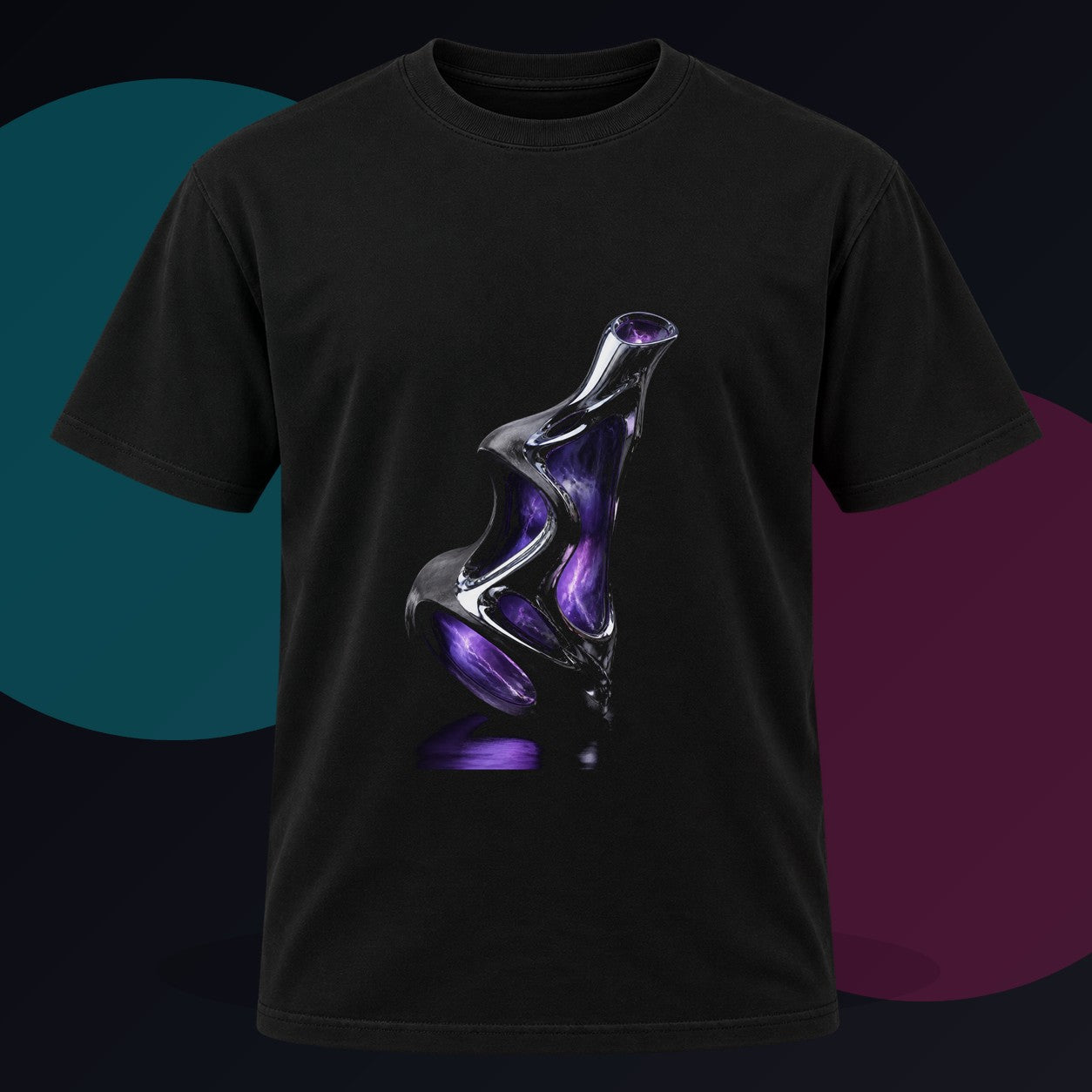 Chrome Vessel Nocturne original KOSVYRE design on a black graphic tee against a graphite studio background