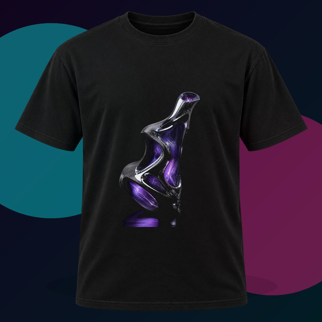 Chrome Vessel Nocturne original KOSVYRE design on a black graphic tee with cyan and violet studio lighting