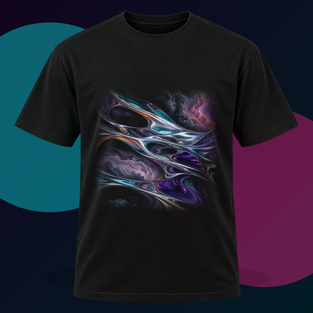 Chrome Weather Loom original KOSVYRE design on a black graphic tee with cyan and violet studio lighting