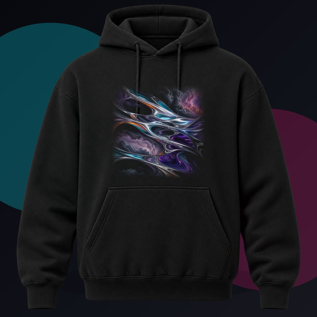 Chrome Weather Loom original KOSVYRE design on a black hoodie against a graphite studio background