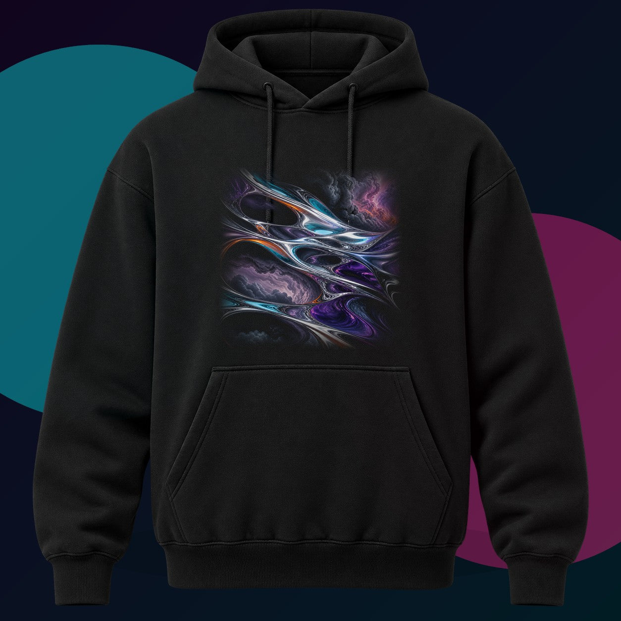 Chrome Weather Loom original KOSVYRE design on a black hoodie with cyan and violet studio lighting