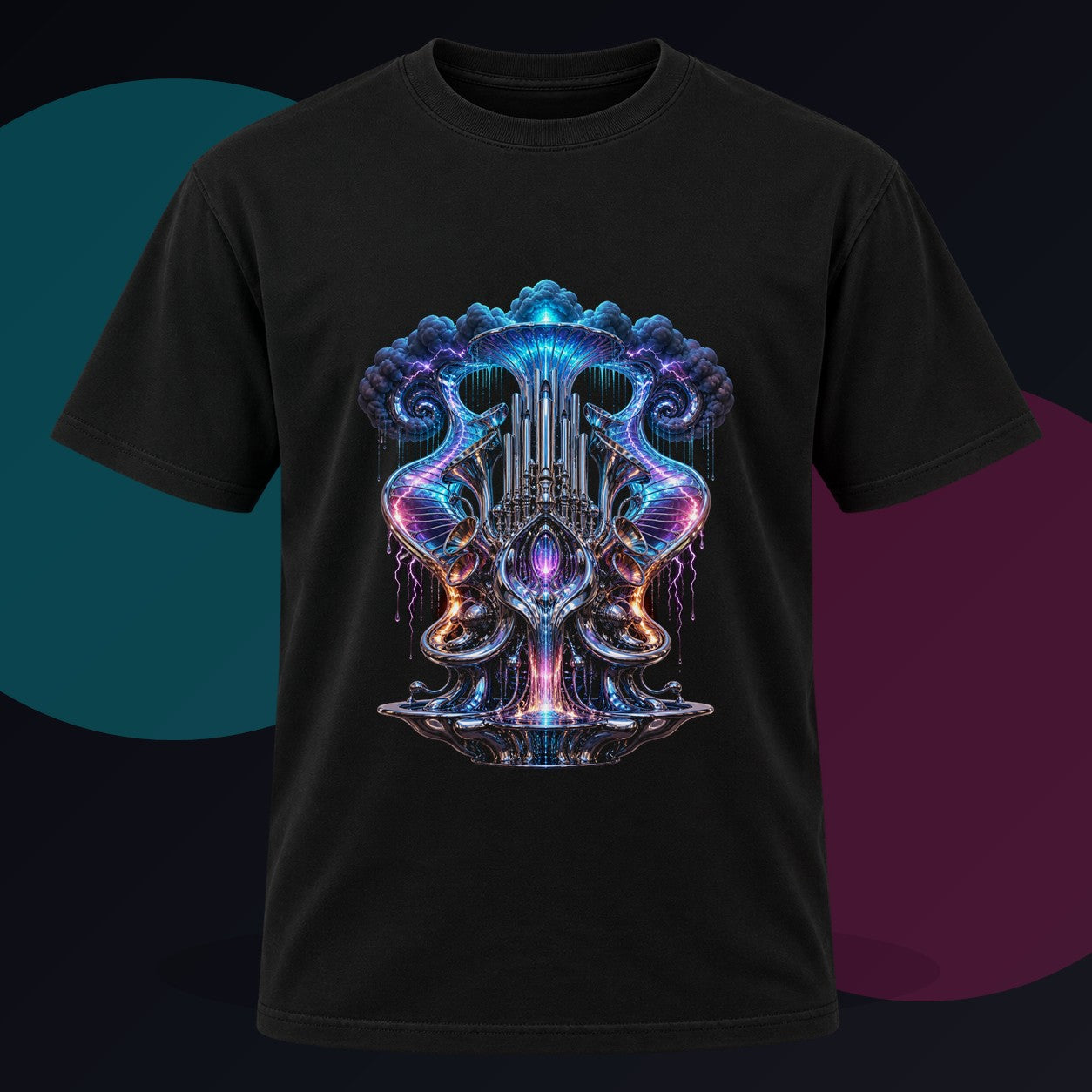 Chrome Weather Organ original KOSVYRE design on a black graphic tee against a graphite studio background